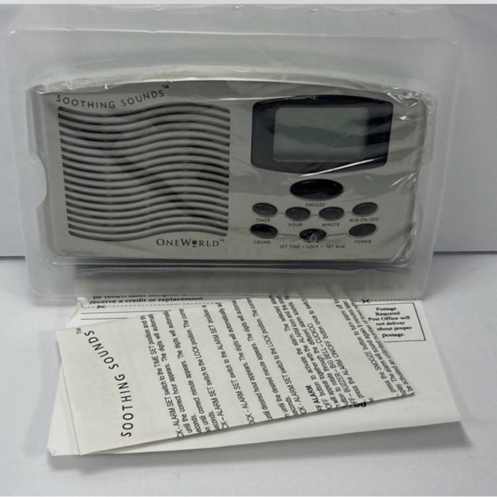 New One World Soothing Sounds Machine Travel Alarm Clock 4 Sound Options